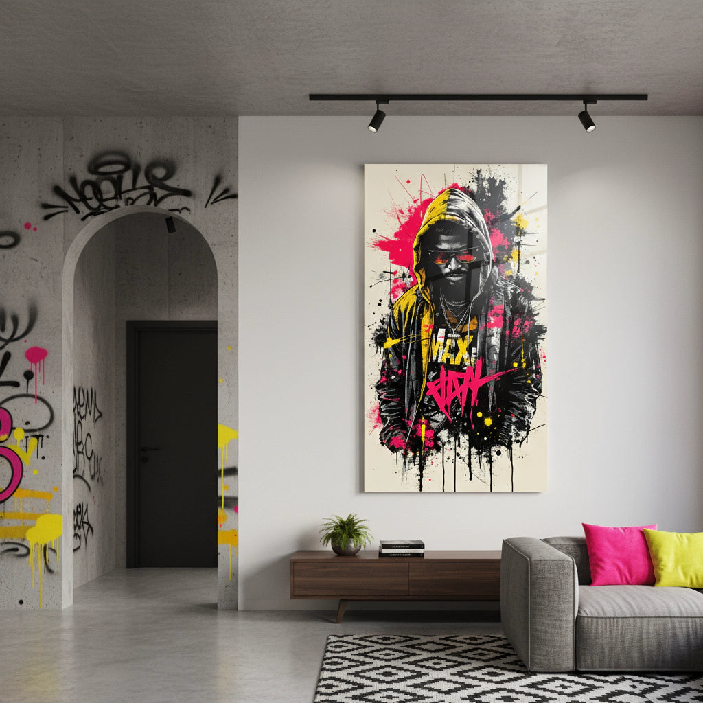King of the Street - Peinture murale en verre acrylique de style street art pour intérieurs loft modernes
